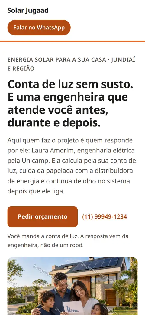 O site da Solar Jugaad aberto no celular: nome da empresa, botão do WhatsApp, o título Conta de luz sem susto e o botão Pedir orçamento.